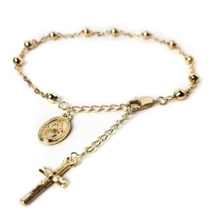 Stunning Catholic Rosary Bracelet for Women with Our Lady of Graces Medal and Cross Crucifix Charm, 14K Gold Plated, Adjustable - Dainty Elegant Religious Jewelry Gift