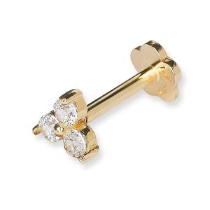 - 14k Yellow Gold 18G Cubic Zirconia Trinity 3-Stone Conch Tragus Helix Piercing Jewelry - 4mm - Flat Back Stud Earring - Internally Threaded Labret - Hypoallergenic Non Tarnish